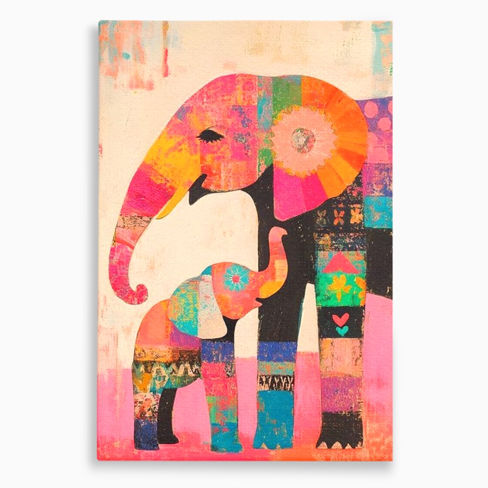 Tablou canvas cu tablou pictura cu elefanti colorati, fara rama, pe sasiu de lemn
